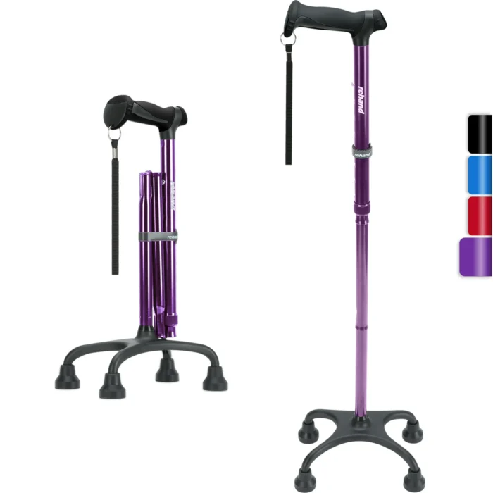 REHAND Adjustable Foldable Quad Cane,Lightweight Walking Cane for Men & Women with 4-Pronged Base for Extra Balance & Stability,Purple - Image 1