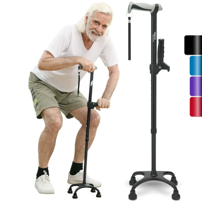 HEALTHBAZAAR Quad Cane Walking Cane for Women & Men for Balance Stability Adjustable Lightweight Walking Stick Black - Image 1