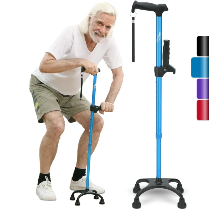 HEALTHBAZAAR Quad Cane Walking Cane for Women & Men for Balance Stability Adjustable Lightweight Walking Stick Blue - Image 1