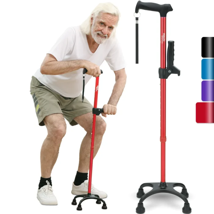 HEALTHBAZAAR Quad Cane Walking Cane for Women & Men for Balance Stability Adjustable Lightweight Walking Stick Red - Image 1