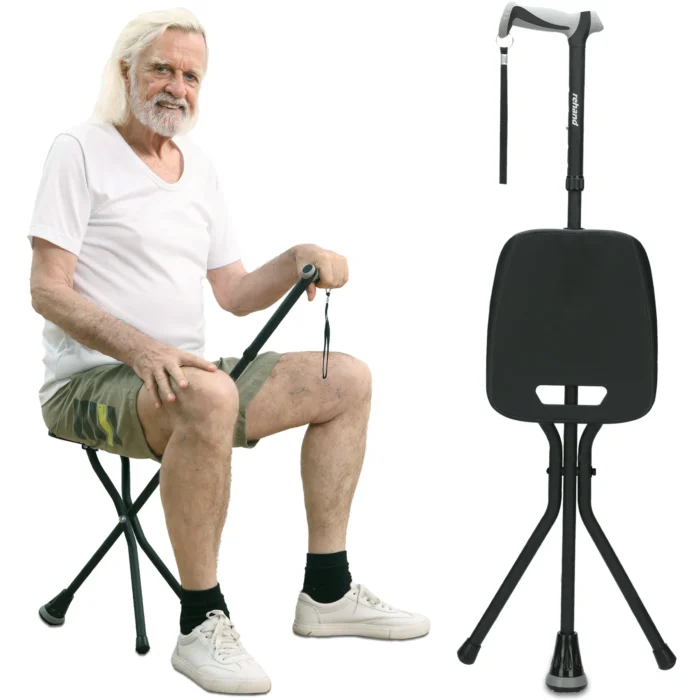 REHAND Walking Canes with Seat 350 LB Capacity,Lightweight Foldable Adjustable Aluminum Walking Stick Chair for Men & Women Seniors,Black - Image 1