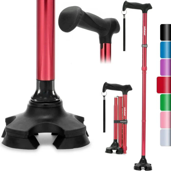 REHAND Self Standing Pivot Walking Cane for Men & Women - Foldable,Adjustable,Lightweight,Soft Handle Grip with Travel Bag, Walking Sticks for Seniors & Adults,Red - Image 1