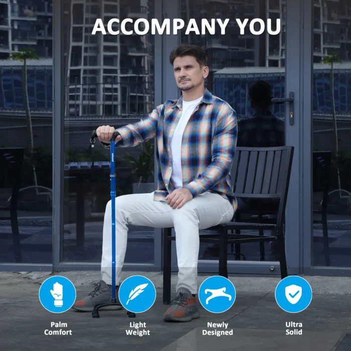 REHAND Adjustable Foldable Quad Cane,Lightweight Walking Cane for Men & Women with 4-Pronged Base for Extra Balance & Stability,Blue - Image 2