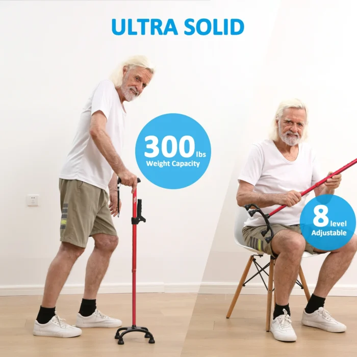 HEALTHBAZAAR Quad Cane Walking Cane for Women & Men for Balance Stability Adjustable Lightweight Walking Stick Red - Image 2