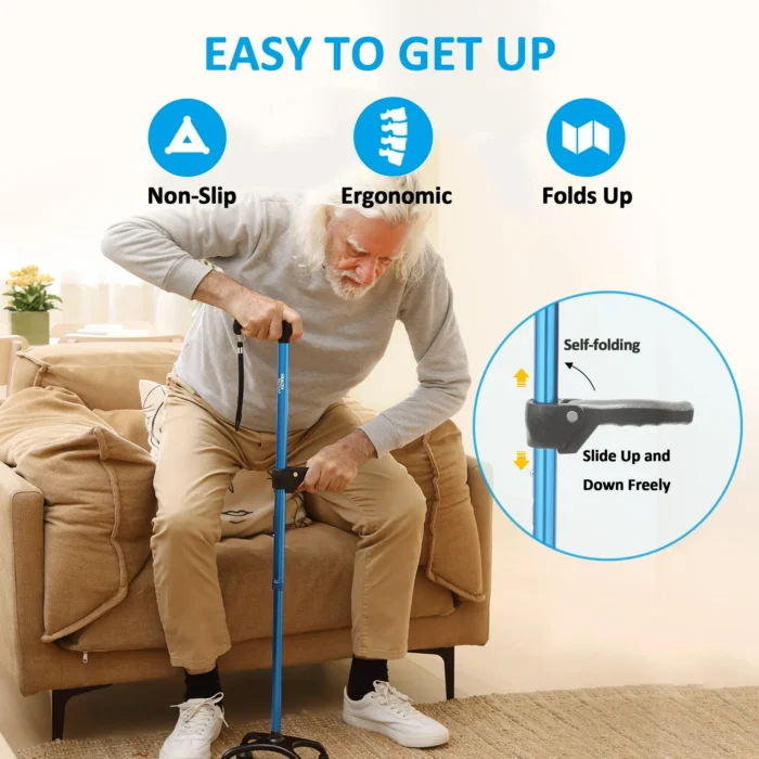 HEALTHBAZAAR Quad Cane Walking Cane for Women & Men for Balance Stability Adjustable Lightweight Walking Stick Blue - Image 3